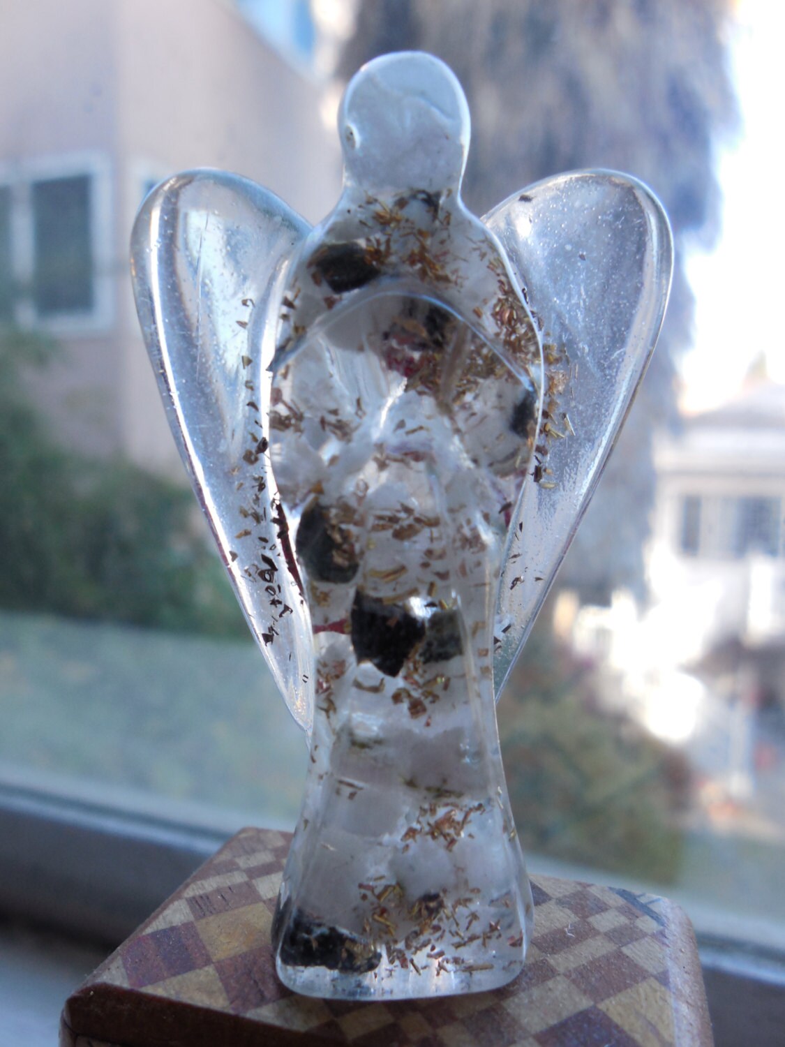 Orgone Crystal Angel Sculpture - 24k Gold Flake - Energy Crystal - Natural Rainbow Moonstone Crystals - Inspirational Gift - Angel Gift