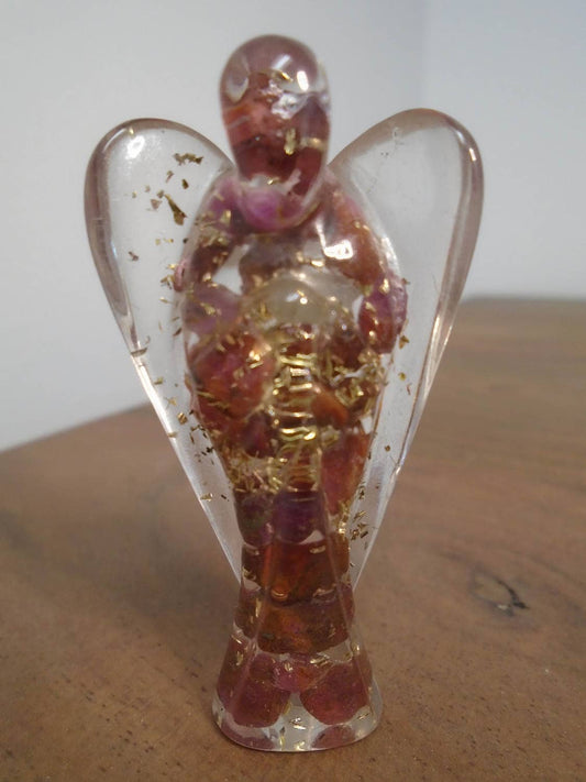 Orgone Crystal Angel - Angel Sculpture - 24k Gold Flake - Energy Crystal - Natural Rubies Crystals - Inspirational Gift - Angel Gift - Ruby