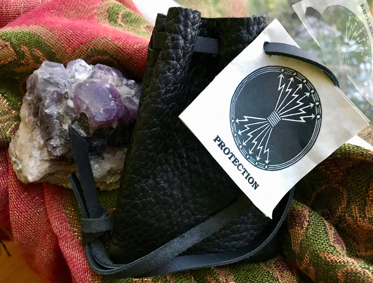 Protection Amulet Bag - Genuine Leather - Sacred Herbs - Natural Incense - Prosperity Love Health Blessing