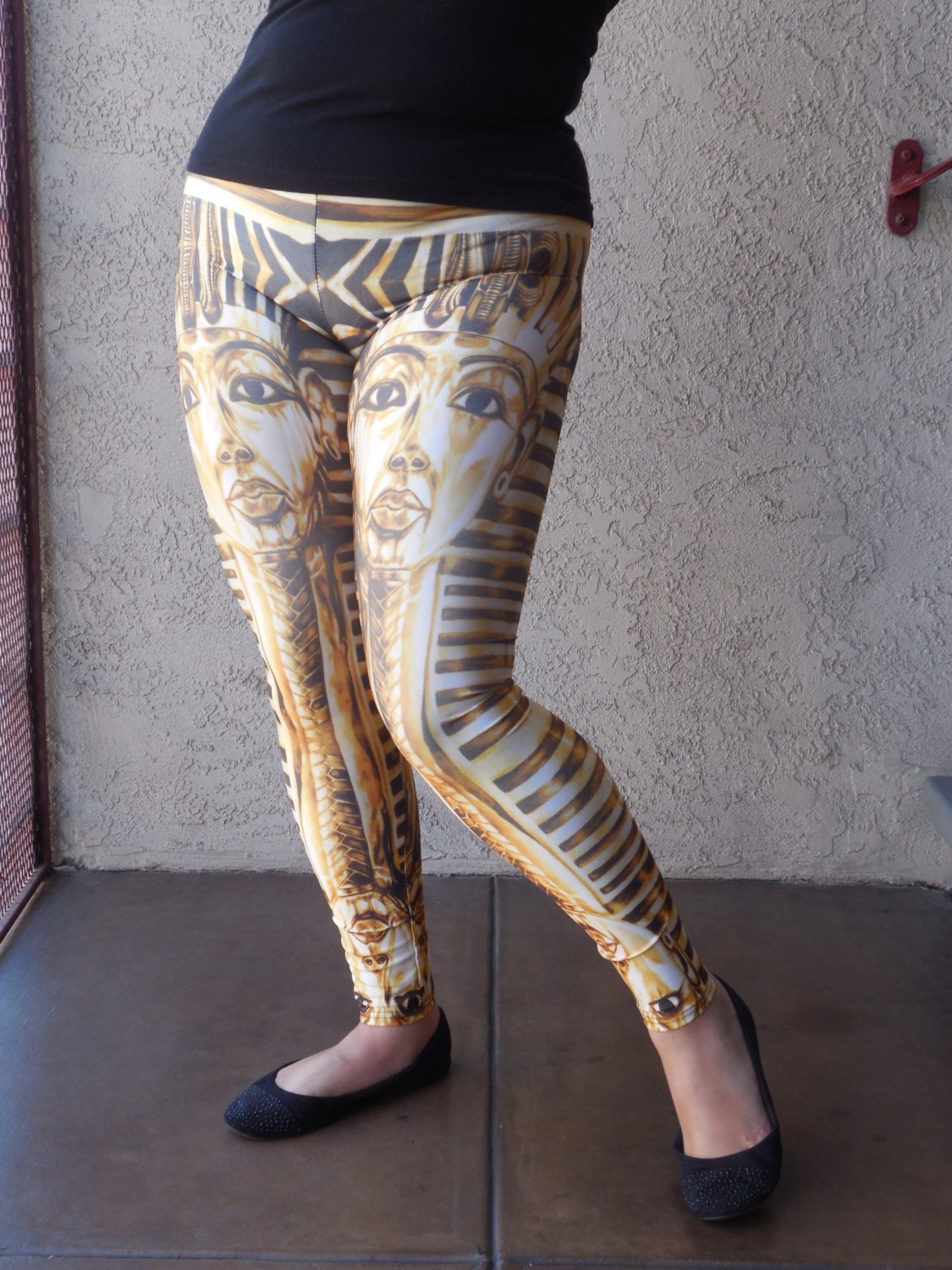 Golden Pharoah King Tut Tomb Legging, Ancient Royal Galaxy Egyptian Queen, Nile Lotus Papyrus, Gold Black White - Large, Medium