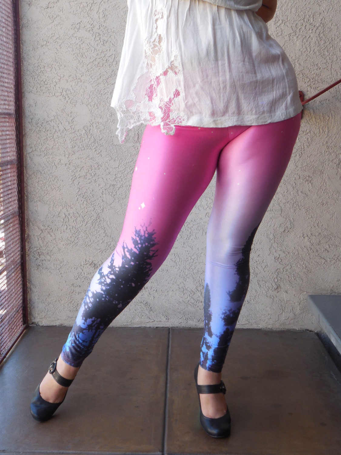 Pink, Purple, Blue Night Sky Leggings, Redwood Pine Tree Sillouettes, Stars Moon Sun Outer Space Galaxy Prints - Large, Medium