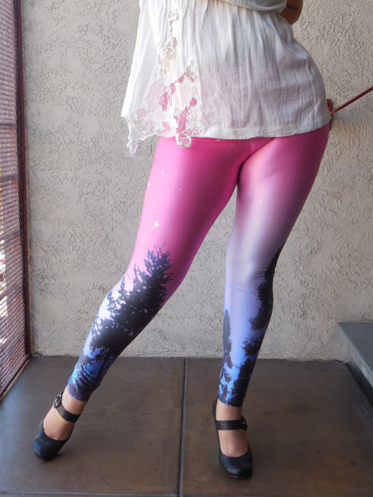 Pink, Purple, Blue Night Sky Leggings, Redwood Pine Tree Sillouettes, Stars Moon Sun Outer Space Galaxy Prints - Large, Medium