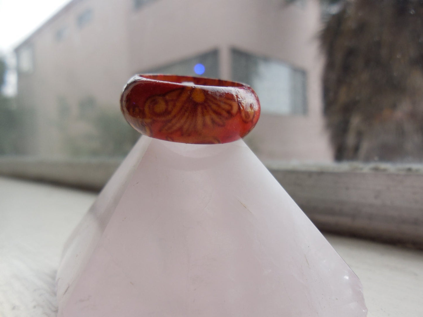 Flower Bamboo Wooden Ring, Hand Carved, Organic Red Brown Orange Yellow Paint, Water Resistant