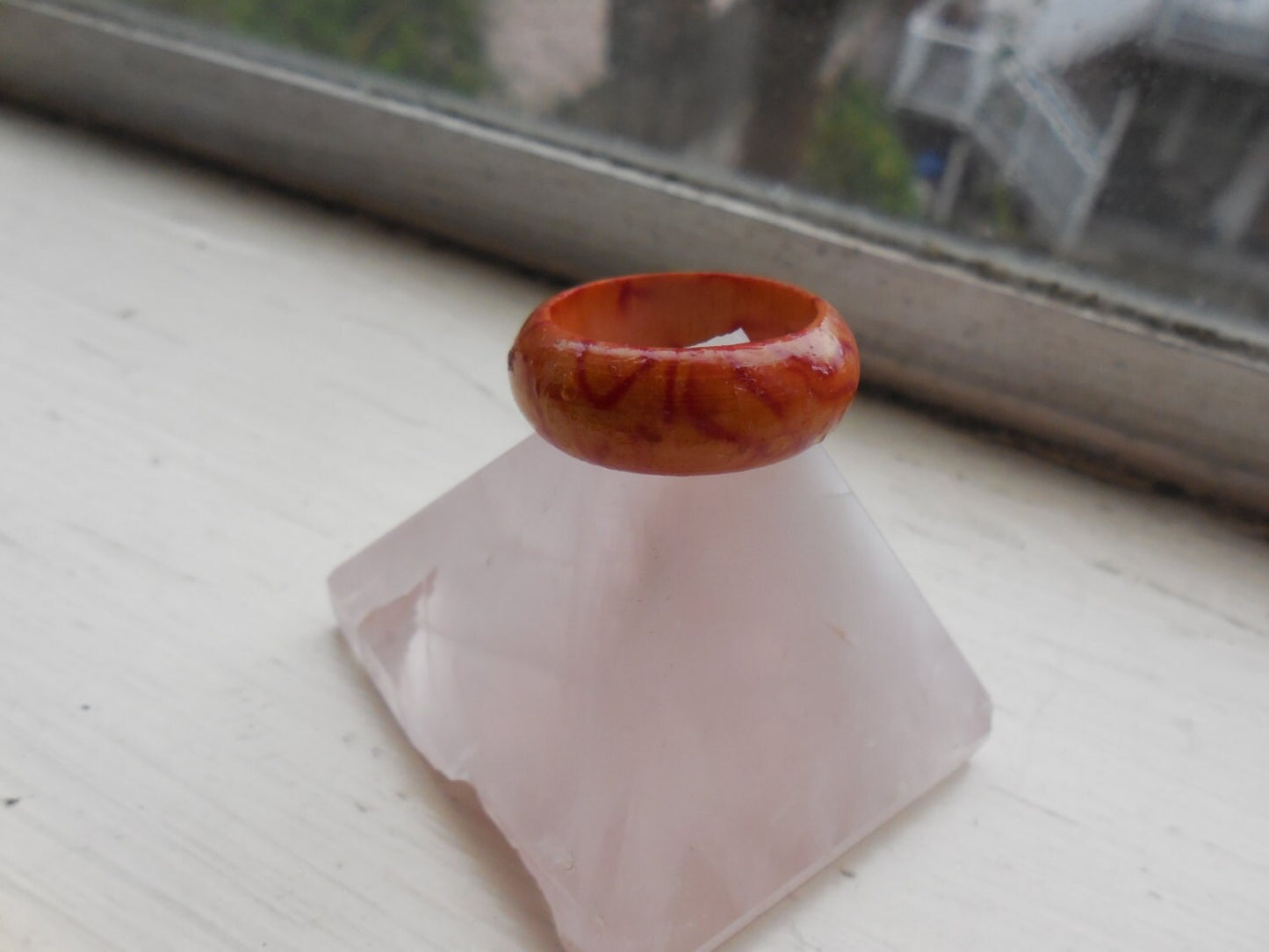 Red Swirl Wooden Ring, Natural Hand Carved, Organic Red Tan Paint, Water Resistant