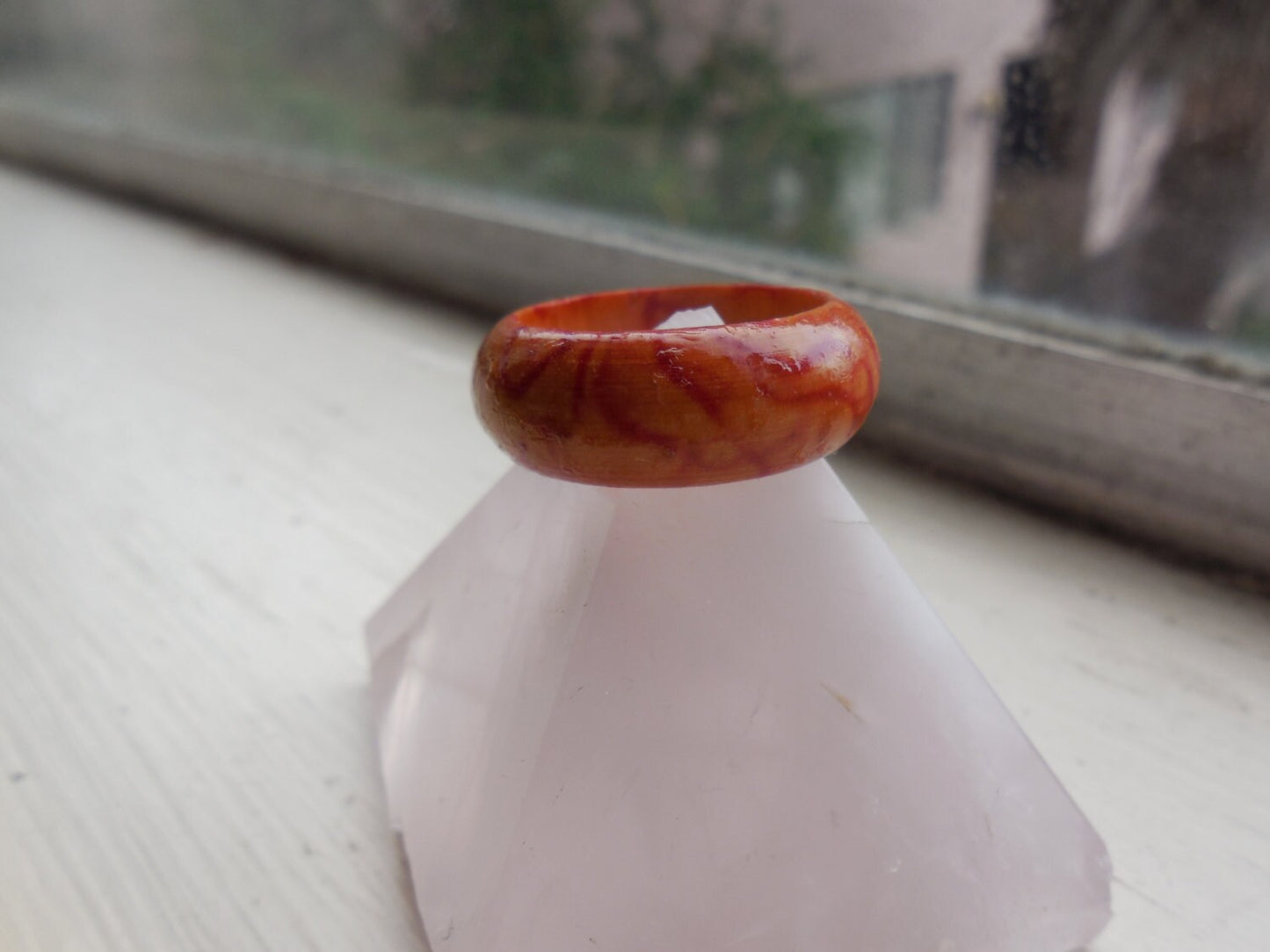 Red Swirl Wooden Ring, Natural Hand Carved, Organic Red Tan Paint, Water Resistant