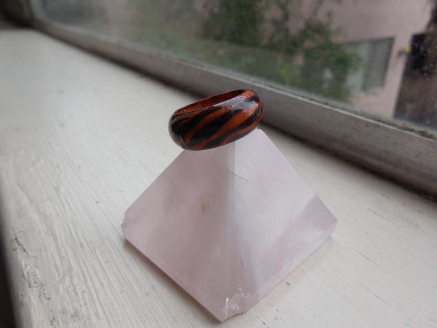 Zebra Wooden Ring, Natural Hand Carved, Organic Black Brown Tan Paint, Water Resistant