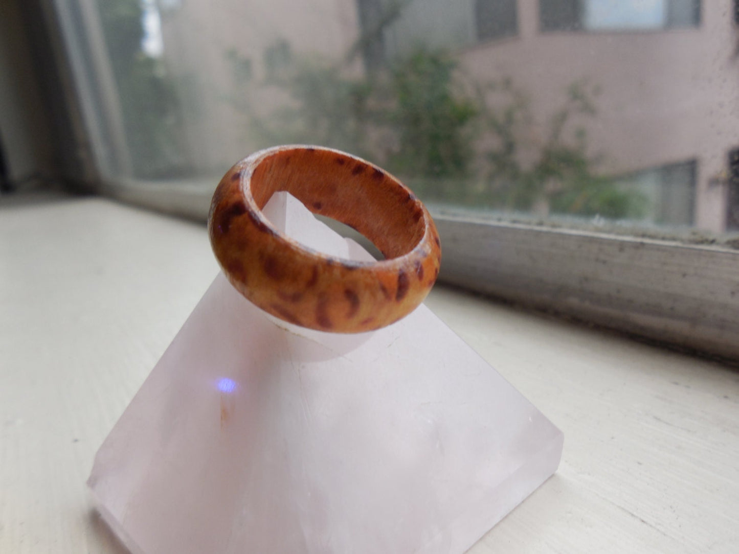 Leopard Wooden Ring, Hand Carved, Organic Red Brown Orange Yellow Paint, Water Resistant