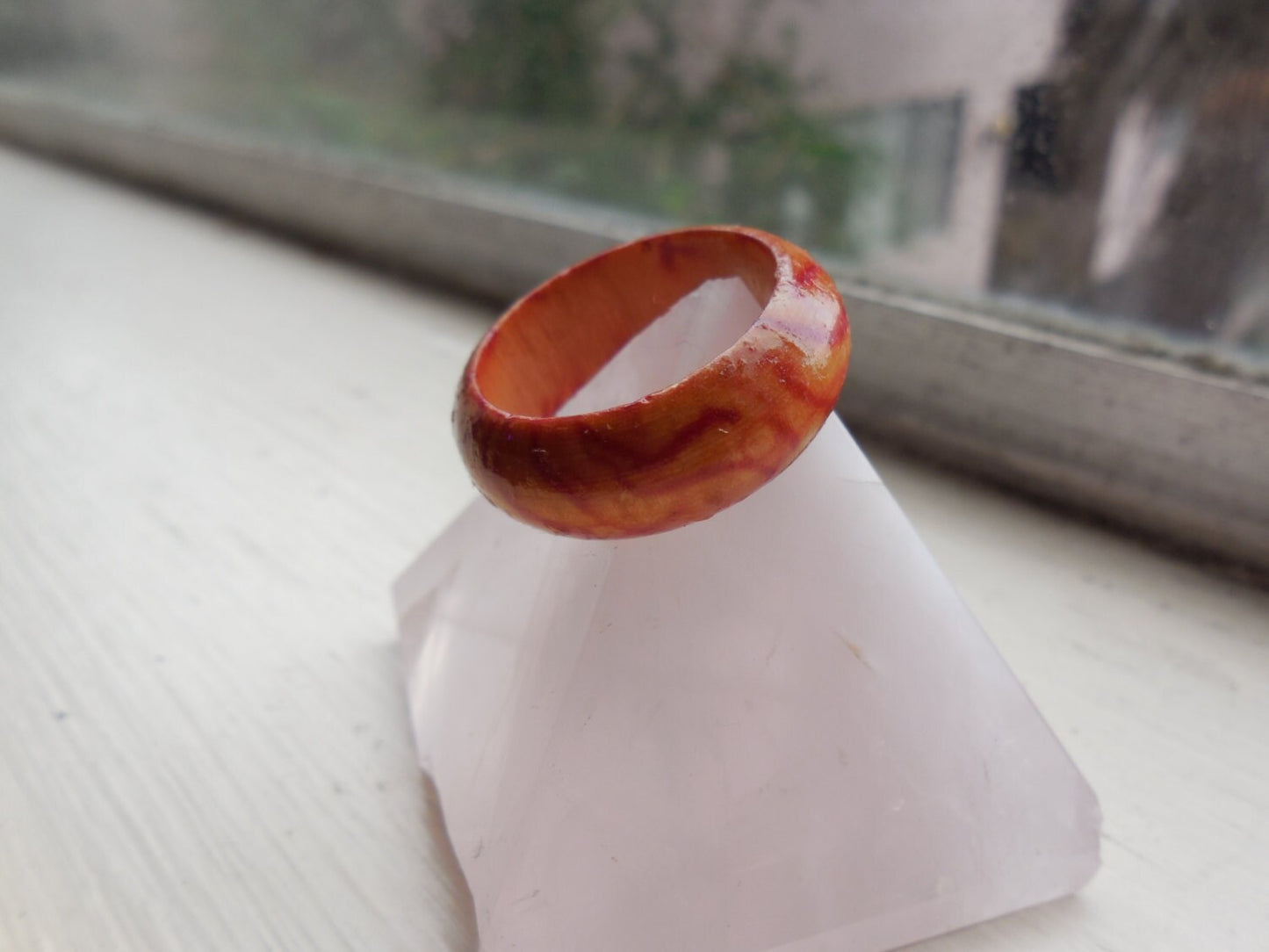 Red Swirl Wooden Ring, Natural Hand Carved, Organic Red Tan Paint, Water Resistant